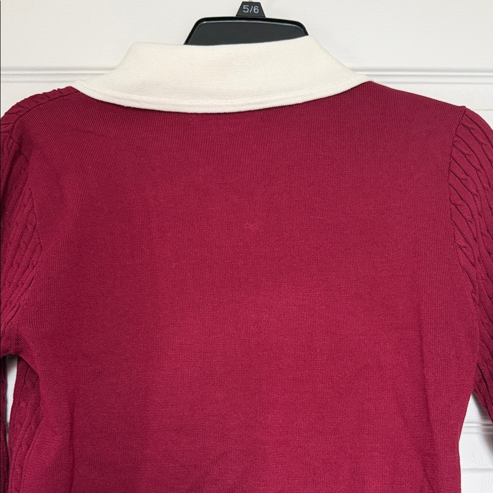 Burgundy Cardigan sweater with Cream Collar size L - Picture 7 of 8